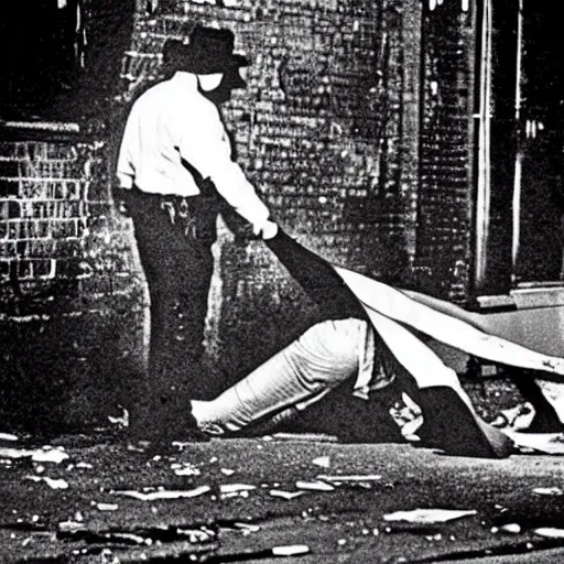 Image similar to 1980 photograph of a crime scene of the serial killer Jack the Ripper, unsettling, creepy, horrific, gruesome