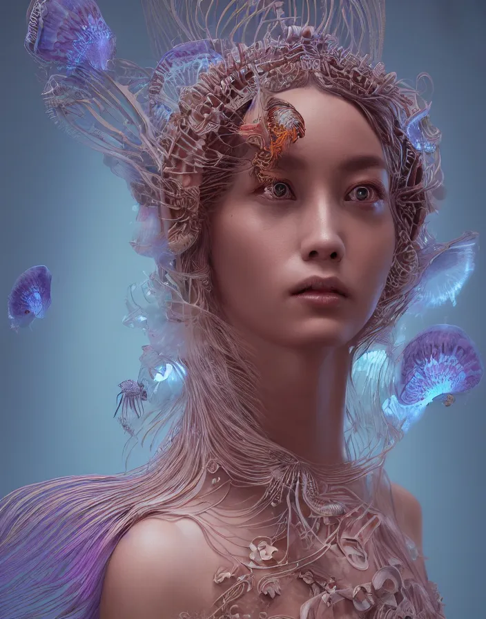 Prompt: goddess portrait. jellyfish butterfly phoenix head. intricate artwork by Tooth Wu and wlop and beeple. octane render, trending on artstation, greg rutkowski very coherent symmetrical artwork. cinematic, hyper realism, high detail, octane render, 8k