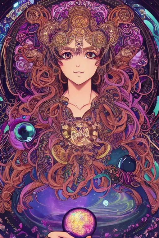 Prompt: psychedelic, intricate, highly detailed, anime, 4k, beautiful seductive snake monstergirl holding a huge orb containing the universe, with professional makeup, long trippy hair, surrounded by gems, underneath the stars, trending on patreon, deviantart, twitter, artstation, volumetric lighting, heavy contrast, by artgerm and Ilya Kuvshinov and alphonse mucha, interstellar galaxy