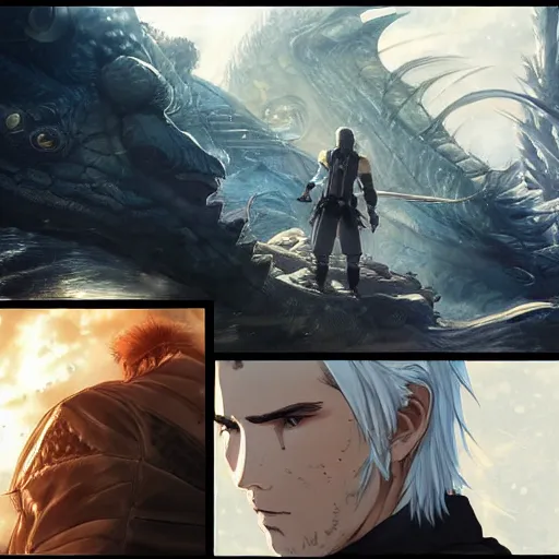 Image similar to well drawn illustartion of Anime geralt of rivia examining a sleeping dragon wide angle sharp fine details. Anime. cyberpunk realistic shaded lighting by katsuhiro otomo ghost-in-the-shell, magali villeneuve, artgerm, rutkowski Jeremy Lipkin and Giuseppe Dangelico Pino and Michael Garmash and Rob Rey