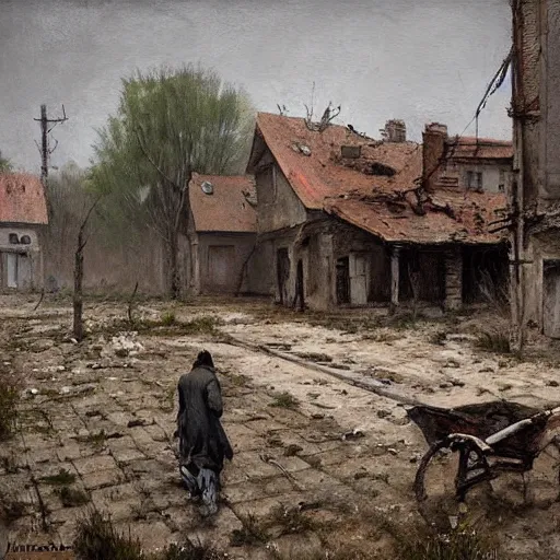 Image similar to painting by jakub rozalski of a person walking with a wheelbarrow in an abandoned post soviet town infested with root monsters