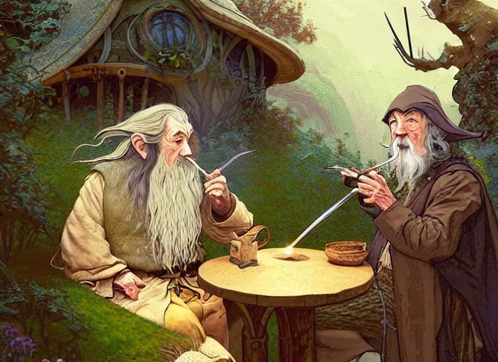 Prompt: portrait of gandalf smoking a pipe with jrr tolkien and bilbo baggins in a hobbit house - art, by wlop, james jean, victo ngai! muted colors, very detailed, art fantasy by craig mullins, thomas kinkade cfg _ scale 8