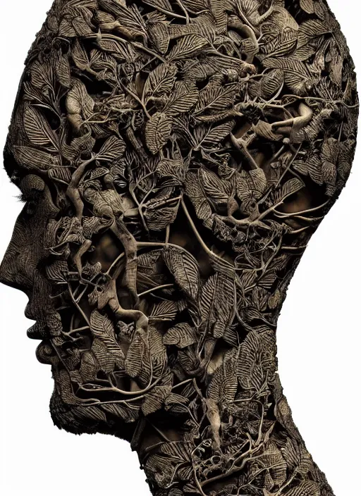 Image similar to a female android's face in profile, made of leaf skeletons, in the style of the Dutch masters and Gregory Crewdson, dark and moody intricate traditional Chinese textures, rococo decorations, hyper detail