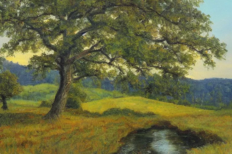 Image similar to masterpiece painting of oak trees on a hillside overlooking a creek, by jan schmuckal