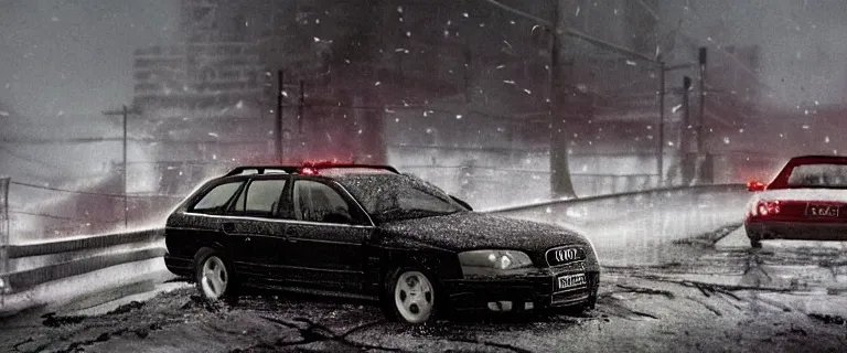 Image similar to Audi A4 B6 Avant (2002), a gritty neo-noir, dramatic lighting, cinematic, eerie person, death, homicide, homicide in the snow, viscera splattered, gunshots, establishing shot, extremely high detail, photorealistic, cinematic lighting, artstation, by simon stalenhag, Max Payne (PC) (2001) winter New York at night, In the style of Max Payne 1 graphic novel, flashing lights, Poets of the Fall - Late Goodbye