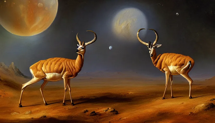 Prompt: highly detailed painting of antelopes on the surface of the moon by william turner, thick brush strokes and visible paint layers, 4 k resolution