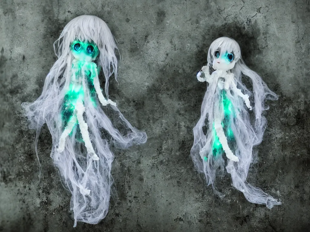 Prompt: cute fumo plush smiling ectoplasmic jellyfish ghost girl lingering in a mysterious concrete organic ruin, patchwork doll chibi gothic maiden in tattered melting rags, glowing wisps of hazy green smoke and eerie blue volumetric fog swirling about, moonlight, glowing lens flare, black and white, vray