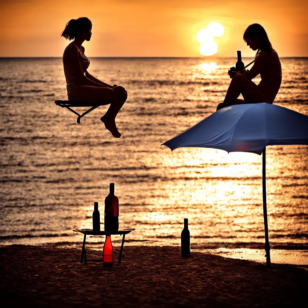 Prompt: a sad girl in a t - shirt sits on the beach under an umbrella and drinks vodka from a bottle, sunset, russia, cinematic, landscape