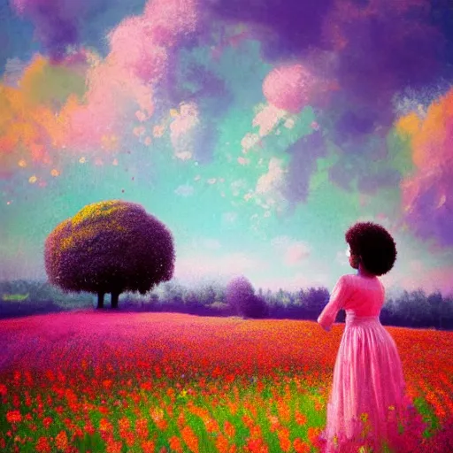 Image similar to afro made of flowers, girl standing in a field with flowers, surreal photography, hills, big trees, sunrise dramatic light, impressionist painting, colorful clouds, digital painting, pointillism, artstation, simon stalenhag