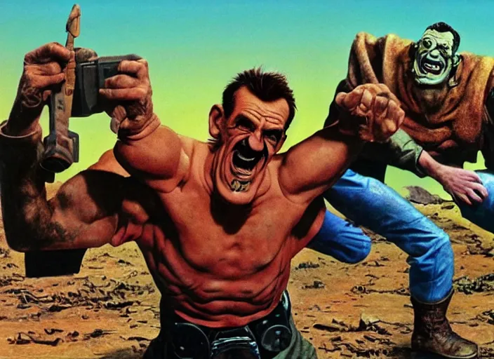 Image similar to barry chuckle conquering the wasteland, artwork by richard corben, 3 d, high resolution 8 k