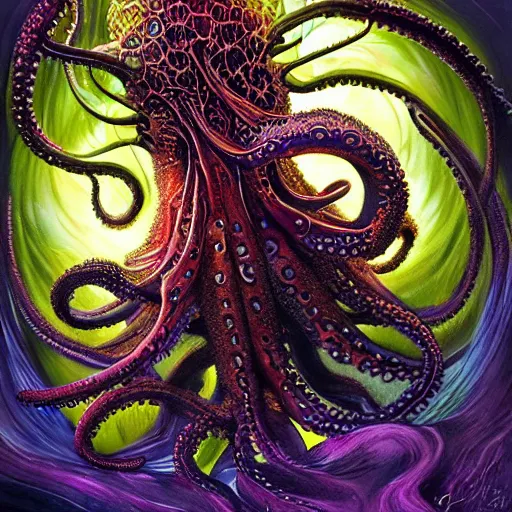 Image similar to depicting an octopus, in the style of h. p. lovecraft, exuberant organic elegant forms, by karol bak and filip hodas : : 1. 4 purple, red, blue, green, black intricate mandala explosions : : intuit art : : turbulent water backdrop : : damask wallpaper : : atmospheric