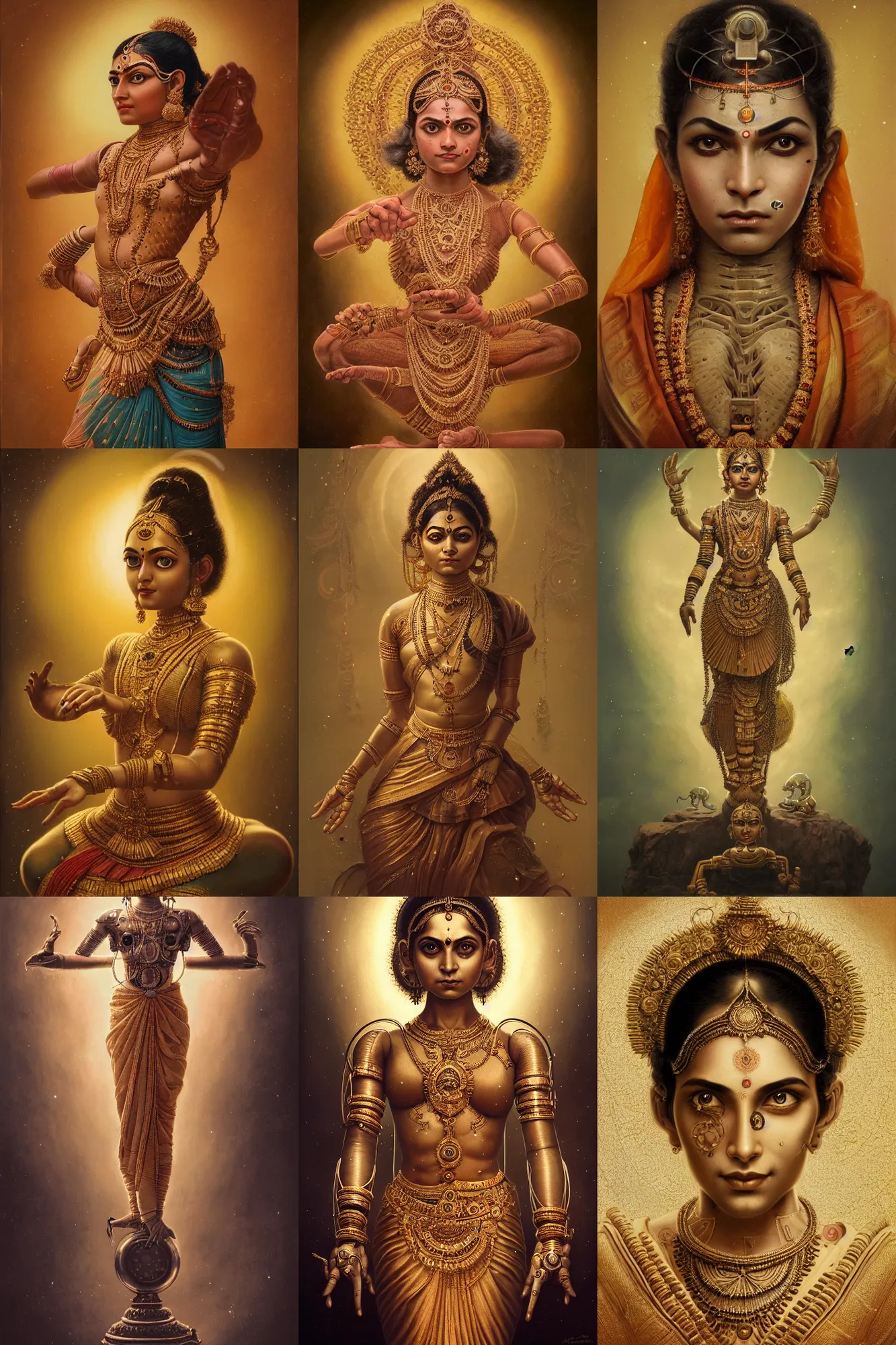 Prompt: a beautiful ultradetailed vintage photo of a cyborg in a classic bharatanatyam pose by tom bagshaw and anna dittman, portrait, 2 4 mm lens, golden ratio composition, detailed face, studio photography, very detailed, humanoids, industrial robots, artstation, 8 k, highly coherent