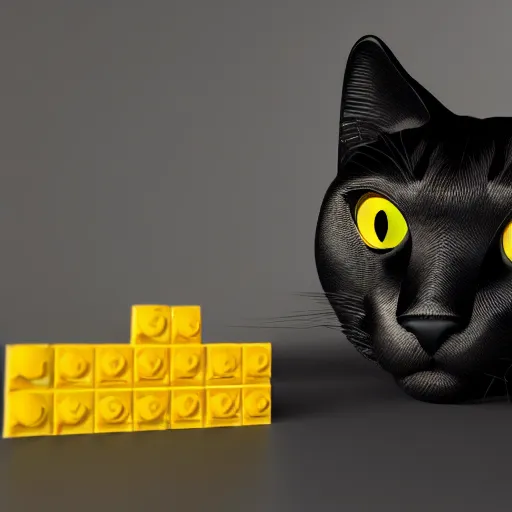 Image similar to a black cat with yellow eyes made out of legos, octane render, studio lighting