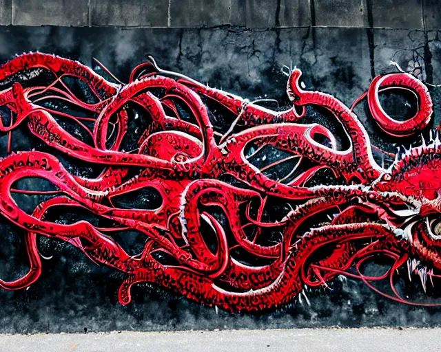 Image similar to 16k photorealistic image of a wall that has some lovecraftian graffiti on it inspired by wretched dragon rib cage. lovecraftian graffiti in red and black colors. the art is cursed and ecrusted with jewels. the grafiiti is inspired by cobwebs and venom.