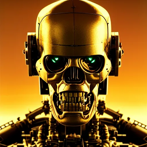 Image similar to portrait of T-800 Endoskeleton, future war, man vs machine, atmospheric lighting, painted, intricate, golden hour, ultra detailed by Leesha Hannigan, Ross Tran, Thierry Doizon, Kai Carpenter,Ignacio Fernández Ríos