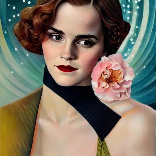 Image similar to a streamline moderne portrait of emma watson in the style of anna dittmann and donato giancola and charles dulac