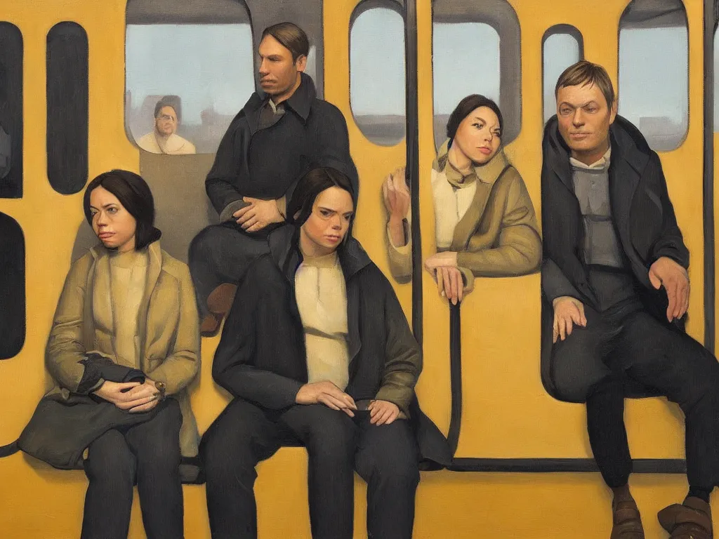 Image similar to an oil painting by Grant Wood, a low angle medium shot of two people sitting in an empty Chicago subway train, in front of windows: a sad Aubrey Plaza wearing a parka and a friendly Mads Mikkelsen in a suit