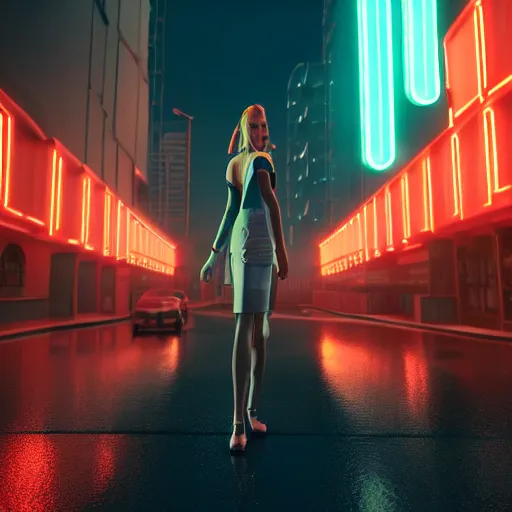 Image similar to Annie Leonhart in a neon city, octane render 8k, atmospheric render