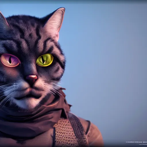 Image similar to cat as a mad max villain, concept art, octane render, unreal engine 5, highly detailed, high quality, 8 k, soft lighting, realistic face, path traced