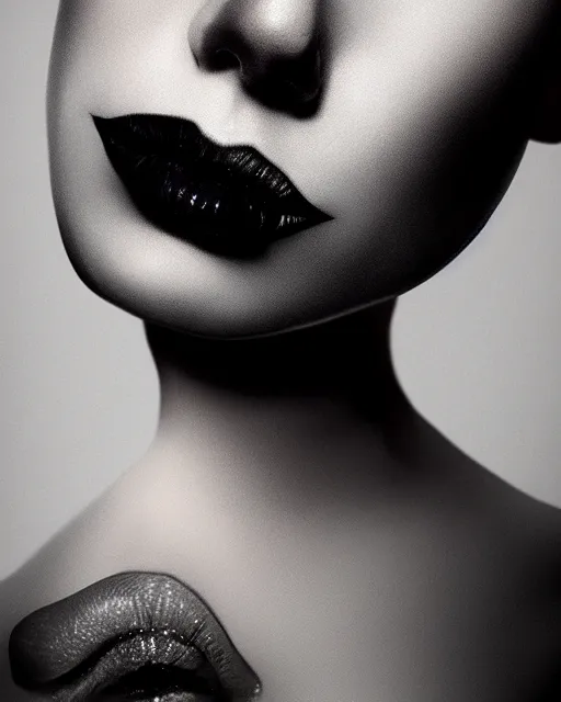 Image similar to realistic portrait of a woman with black lipstick, dark, facing camera, photo realistic, detailed, 1 4 5 0, delicate, hyper realism, ultra realistic, 8 k