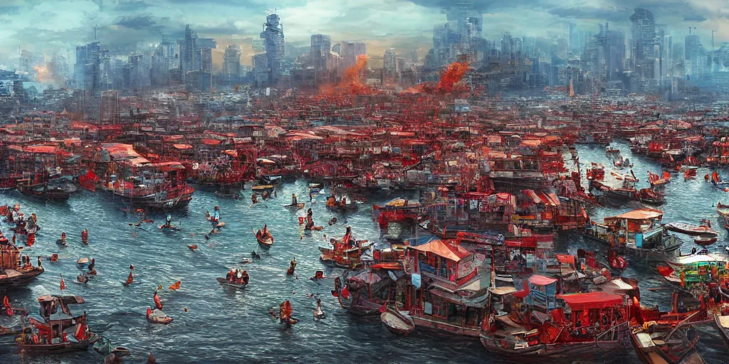 Prompt: beautiful panoramic, very busy indonesian fish market streching into the horizon, wallpaper, digital art, photorealistic, epic, trending on artstation, intricate, highly detailed, red color scheme