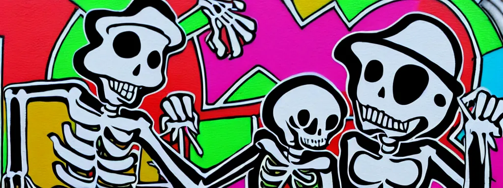 Prompt: ska skeleton and girlfriend, graffiti art, 8 0 s checkerboard 6 6 6, digital art, chalk, ultra detailed by tara mcpherson and gary houston, 5 0 mm