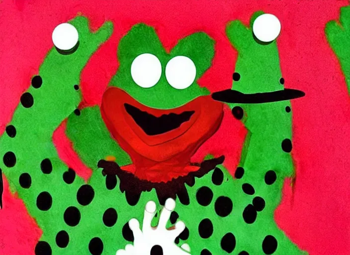 Image similar to freddy krueger as kermit the frog, happy face. long shot, colourful, happy colors, by hermann nitsch and hermann nitsch, high detail