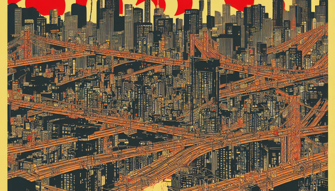 Image similar to tokyo by dan mumford and peter doig and edward hopper, symmetrical, minimal, black ink, thick lines highly detailed, muted colours, overlaid with chinese adverts, 8 k