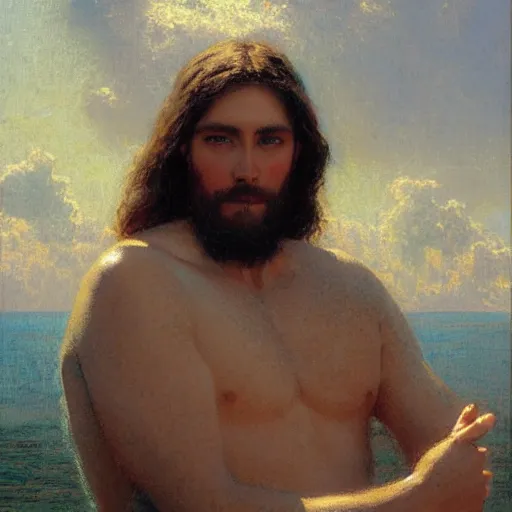 Prompt: Jesus portrait, thirst trap style, painting by Gaston Bussiere, Craig Mullins