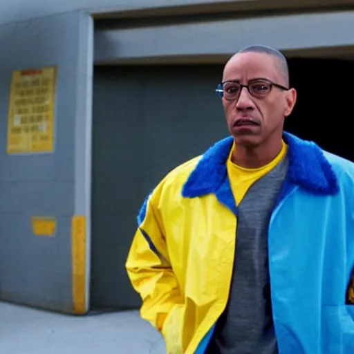 Image similar to gus fring in a blue varsity jacket with yellow sleeves, still from breaking bad