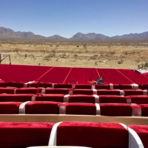 Image similar to pov seen from the stands of an outdoor show in a desert, the seats are in red velvet and comfortable, the stage is surrounded by wooden barriers