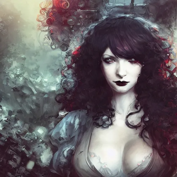 Image similar to christina hendricks!!! goth, tankoban, 4 k, tone mapping, akihiko yoshida, james jean andrei riabovitchev marc simonetti, yoshitaka amano, long hair, curly, h. hydrochaeri