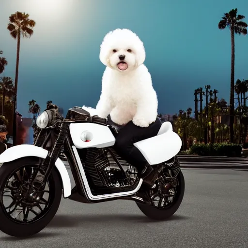 Image similar to a photorealistic image of a white bichon frise puppy dog riding a black motorcycle in Hollywood at sundown. Palm trees in the background. Paws on handlebars. This 4K HD image is Trending on Artstation, featured on Behance, well-rendered, extra crisp, features intricate detail and the style of Unreal Engine.