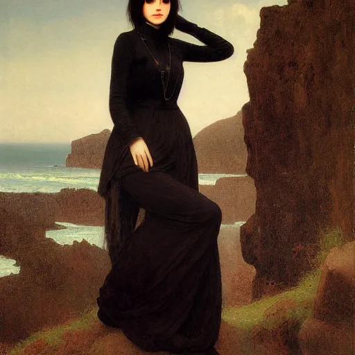 Prompt: 1 7 - year - old pale - skinned persian girl with black long bob cut, long bangs, black gothic jacket, black jeans, psychic girl, psychokinetic girl, standing on cliff along the irish coast, overcast gray skies, ultra - realistic, sharp details, subsurface scattering, intricate details, art by william - adolphe bouguereau