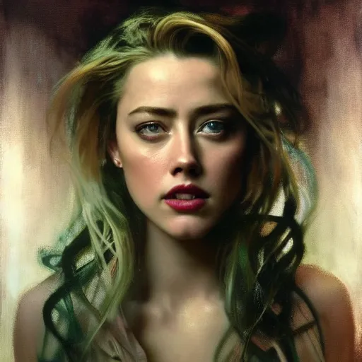 Image similar to hyperrealist portrait of a woman as amber heard staring down on a magical bowl of water. by jeremy mann and alphonse mucha, fantasy art, photo realistic, dynamic lighting, artstation, poster, volumetric lighting, very detailed faces, 4 k, award winning