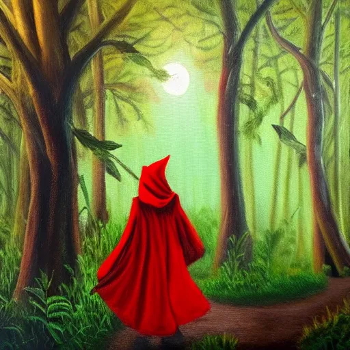 Image similar to oil painting of little red riding hood walking through a dark forest, flanked by brugmansia suaveolens trees with beautiful white flowers, scary