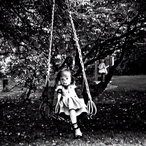 Prompt: grunge disposable camera photo of a little girl on a swing | horror | nightmare