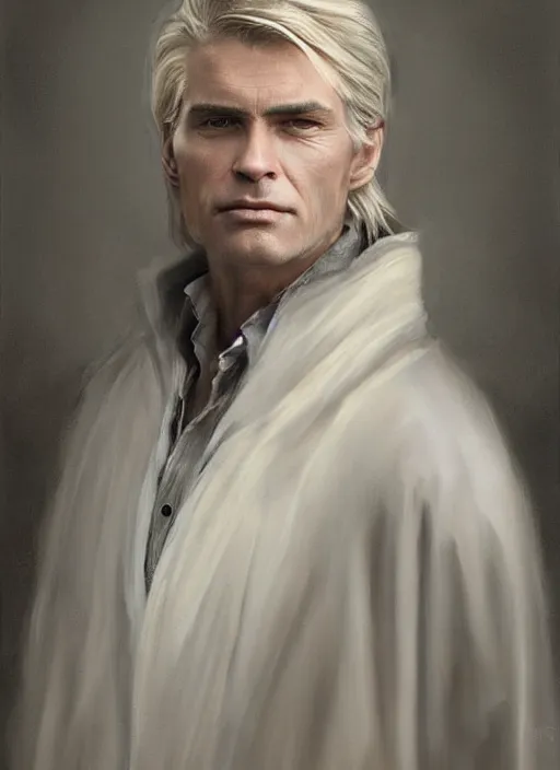 Image similar to a clean shaven man aged 4 0 with tousled blonde hair and hazel eyes and a friendly expression. he is handsome and wearing a grey cloak. head and shoulders portrait painting by greg rutkowski and raymond swanland.