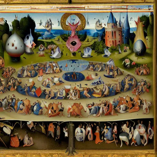 Image similar to donald duck in the garden of earthly delights by hieronymus bosch, hyper detailed, photorealistic.