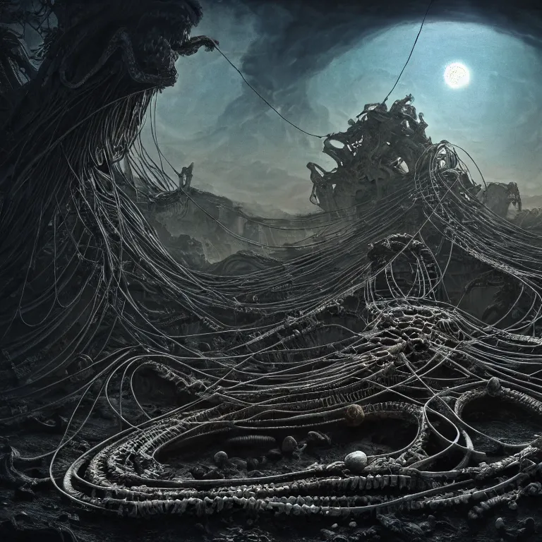 Image similar to abandoned giant snake skeleton buried on exoplanet, statue covered with wires, surreal abandoned buildings, dream-like heavy atmosphere, baroque painting, beautiful detailed intricate insanely detailed octane render trending on Artstation, 8K artistic photography, photorealistic, dramatic volumetric cinematic light, chiaroscuro, Raphael, Caravaggio, Beksinski, Giger