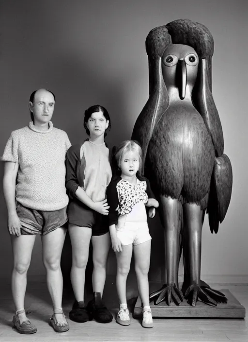 Image similar to realistic photo portrait of the family wearing fluffy shorts, beautiful symmetrical faces, standing in the wooden polished and fancy expensive interior room next to a wooden bird idol sculpture 1 9 9 0, life magazine reportage photo