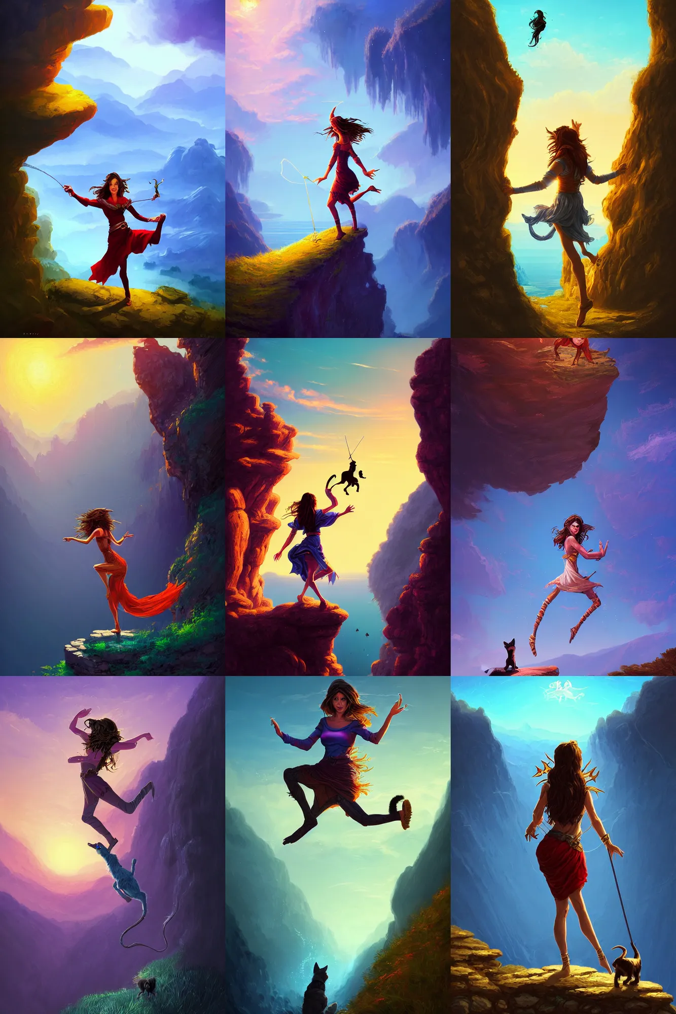Prompt: the fool tarot card, a kit beckinsale as dnd thief dances on the edge of a cliff with a little dog barking beside her, blue sky, 8 k resolution digital painting, cinematic lighting, deviantart artstation, by alena aenami, by michael whelan, bokeh, behance hd