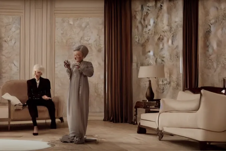 Image similar to VFX movie of old woman applauding sleek futuristic butler robot in a decadent living room by Emmanuel Lubezki