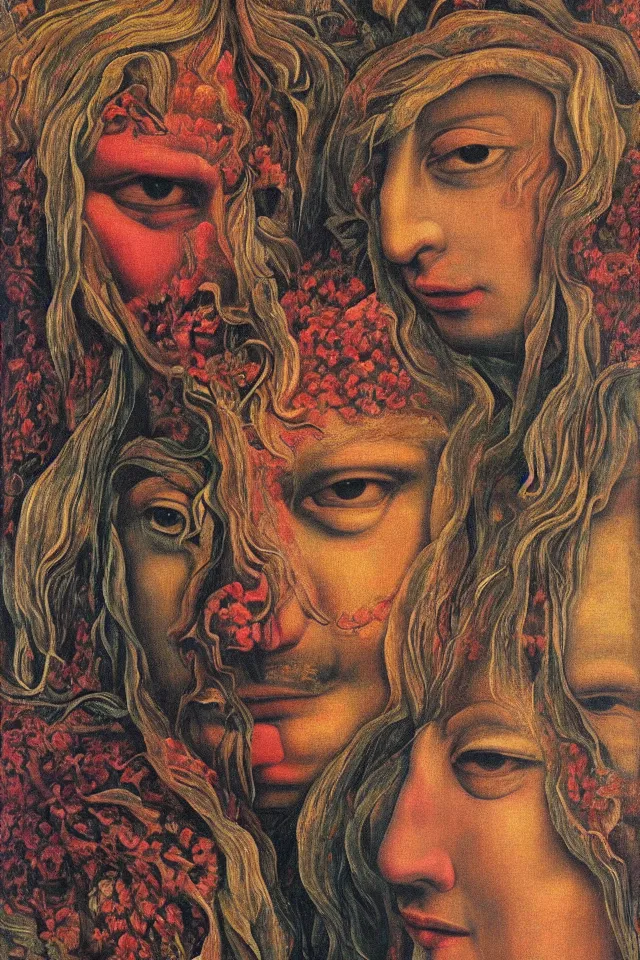 Image similar to extreme closeup floral portrait of a single man and woman by wojciech siudmak and ernst fuchs, oil on canvas