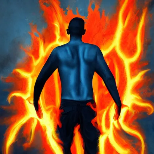 Prompt: young man from behind with flames coming out of hands flying at the end of the world, very detailed, realistic, symmetrical face, art by digital painting