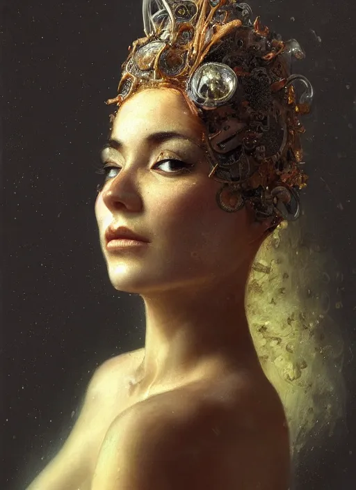 Image similar to a highly detailed photo of very intricate female face portrait, futurism, rococo cyber neon lighting, detailed futuristic fibonacci jewelry, profile posing, hyper photorealistic, trending in pinterest, cinematic, 4 k ultra hd, by denis villeneuve tom anders zorn hans dragan bibin thoma greg rutkowski ismail inceoglu illustrated sand storm alphonse mucha