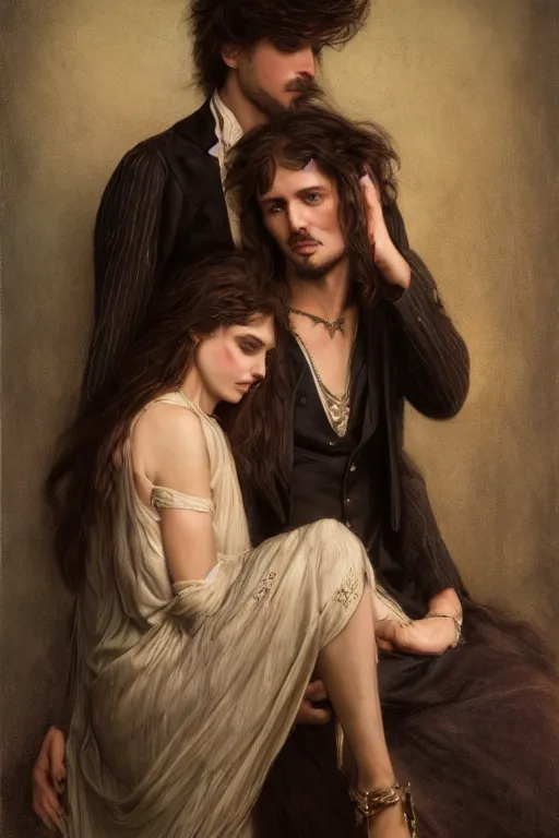 Image similar to a portrait of handsome young male rock star with long hair and his elegant beautiful bohemian wife, bored, illustration, dramatic lighting, soft details, painting oil on canvas, art nouveau, octane render, HDR, 4k, 8k, HD, by Edmund Blair Leighton, Brom, Charlie Bowater, trending on artstation, faces by Tom Bagshaw, Sargent