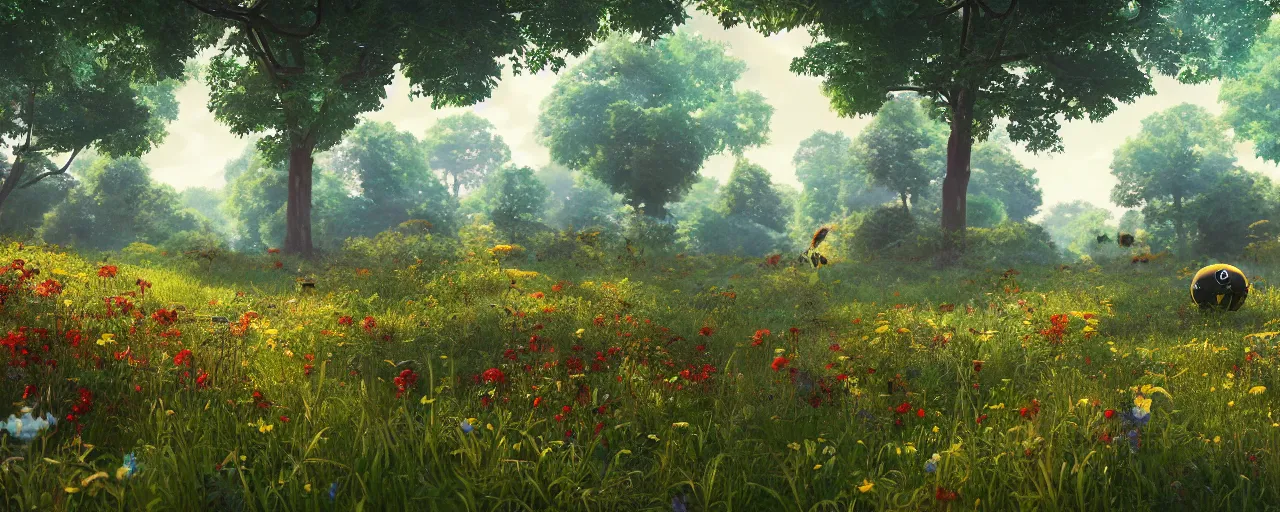 Prompt: a beautiful forest meadow landscape with large bee between flowers, crimson - black beehive, happy trees, photorealistic, octane render, rtx, hdr, unreal engine, digital art widescreen 8 k in the style of studio ghibli and bob ross and pixar and bee movie
