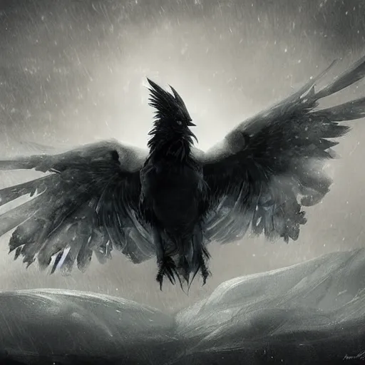 Image similar to detailed digital art, realistic, raven demon flying through the dark night with a mysterious northern blaze, by naomi chen, cgsociety