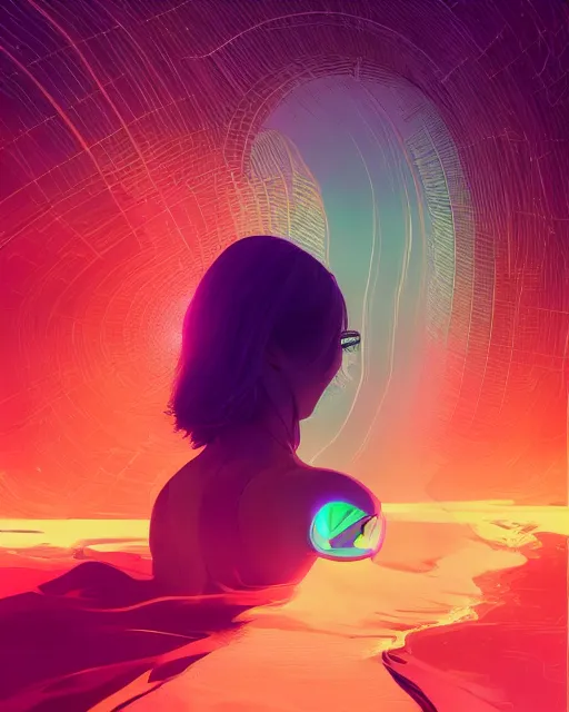 Prompt: lsd, glowing trails, full - body, a beautiful woman, dramatic lighting, by ilya kuvshinov, artgerm, wlop, lois van baarle, digital painting, ultra detailed colorful intricate repeating geometric fractals in the background by moebius, beeple, 4 k, artstation